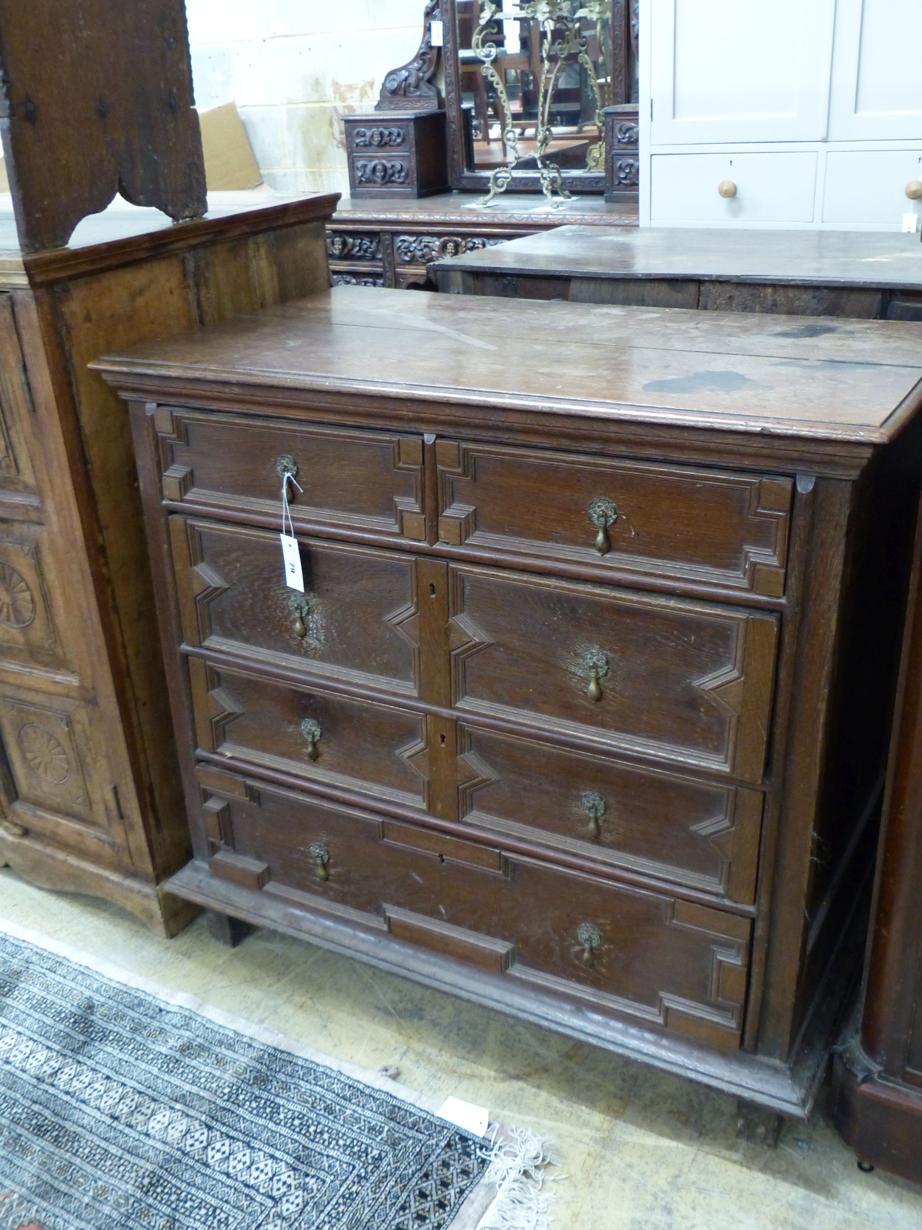 An early 18th century oak chest of five drawers, width 99cm